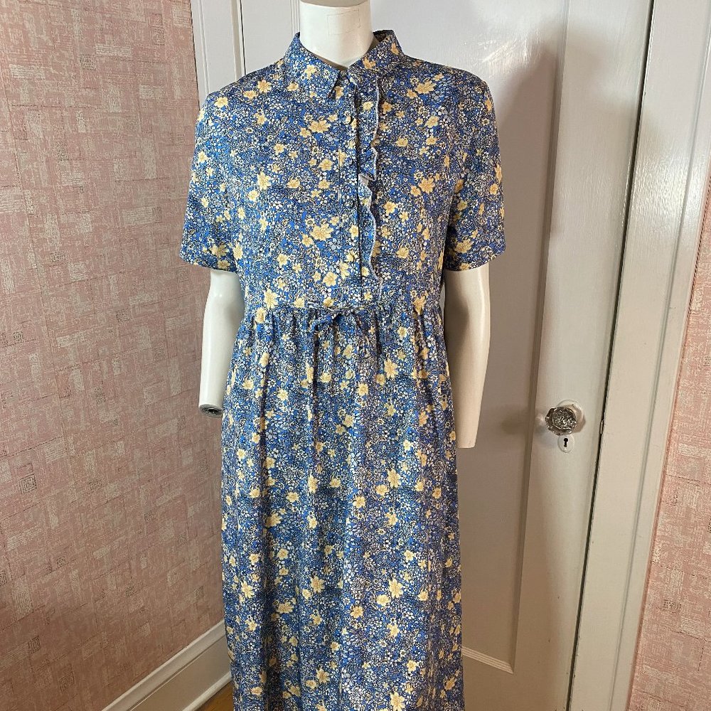 Sundayup Blue & Yellow Floral Print Short Sleeve Collared Shirt Midi Dress sz L